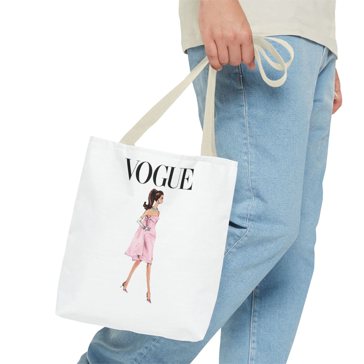 Vogue-Inspired Fashion Illustration Canvas Tote Bag – Chic Pink Dress Design